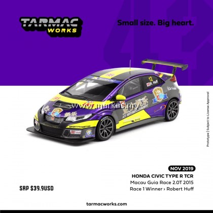  (PO) TARMAC WORKS 1/43 HONDA CIVIC TYPE R TCR MACAU GUAI RACE 2.0T 2015 RACE 1 WINNER ROBERT HUFF