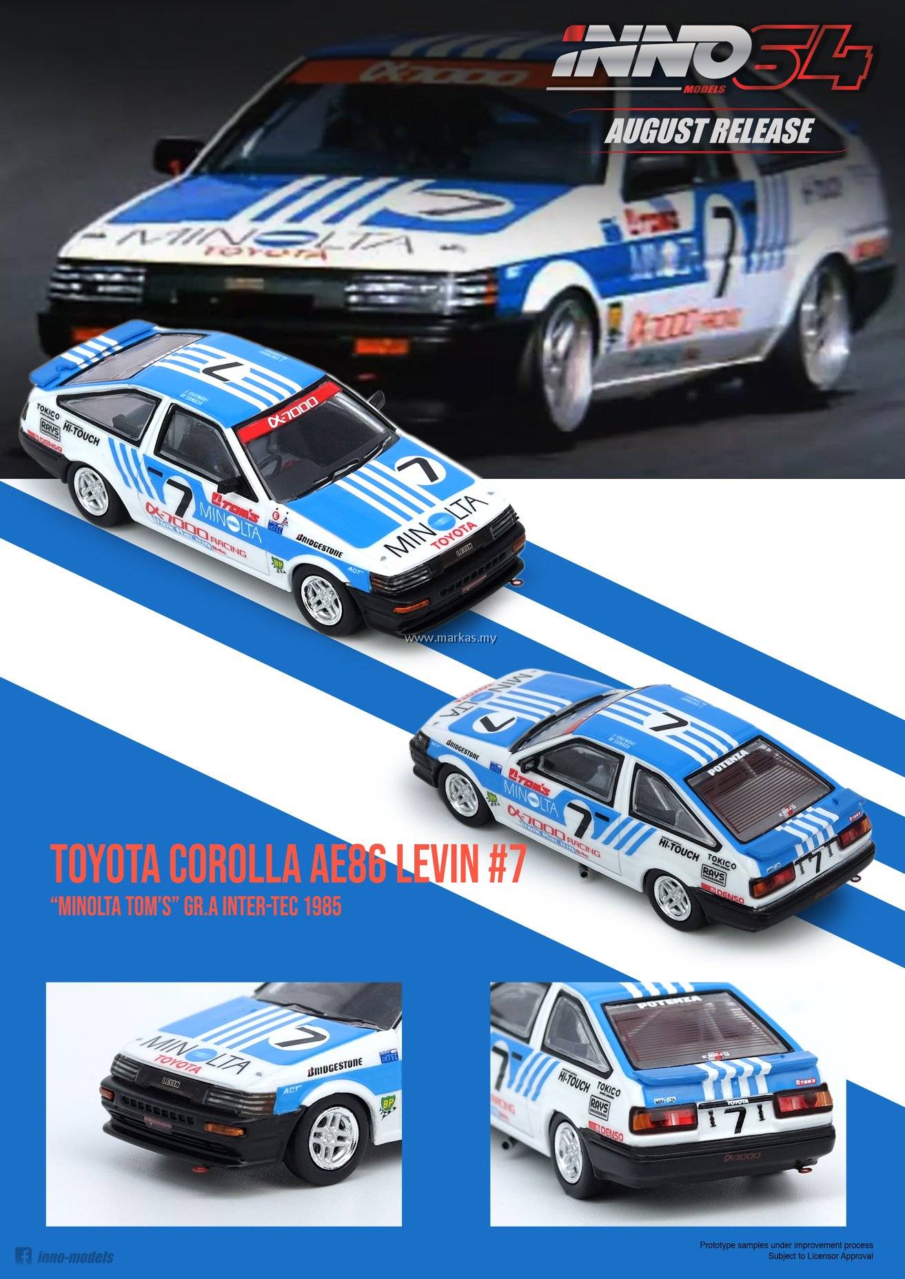 INNO MODELS INNO64 1/64 TOYOTA COROLLA LEVIN AE86 #7 MINOLTA TOM'S